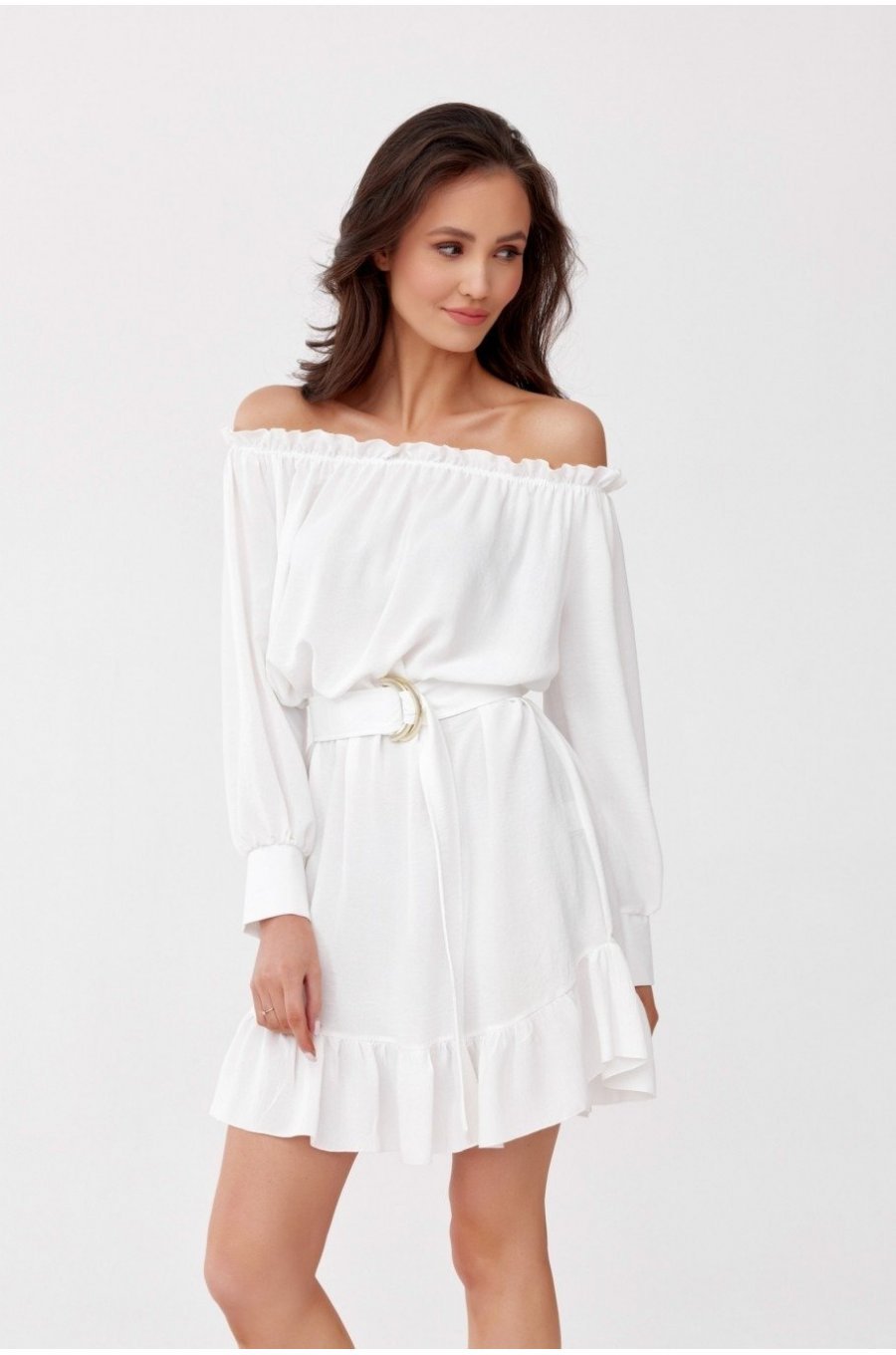 Rochie scurta alba cu volane si umerii goi Hilda 3 - jojofashion.ro