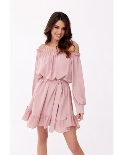Rochie scurta, roz pudra, cu volane si umeri goi, Hilda Rochii de zi, Rochie scurta, roz pudra, cu volane si umeri goi, Hilda - jojofashion.ro