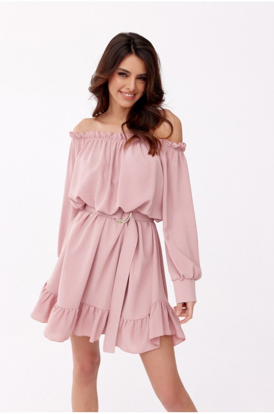 Rochie scurta, roz pudra, cu volane si umeri goi, Hilda 1 - jojofashion.ro
