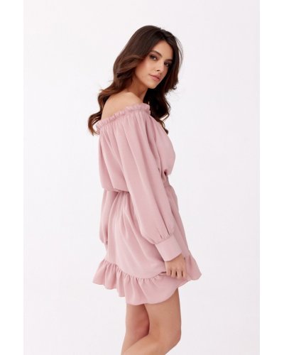 Rochie scurta, roz pudra, cu volane si umeri goi, Hilda Rochii de zi, Rochie scurta, roz pudra, cu volane si umeri goi, Hilda - jojofashion.ro