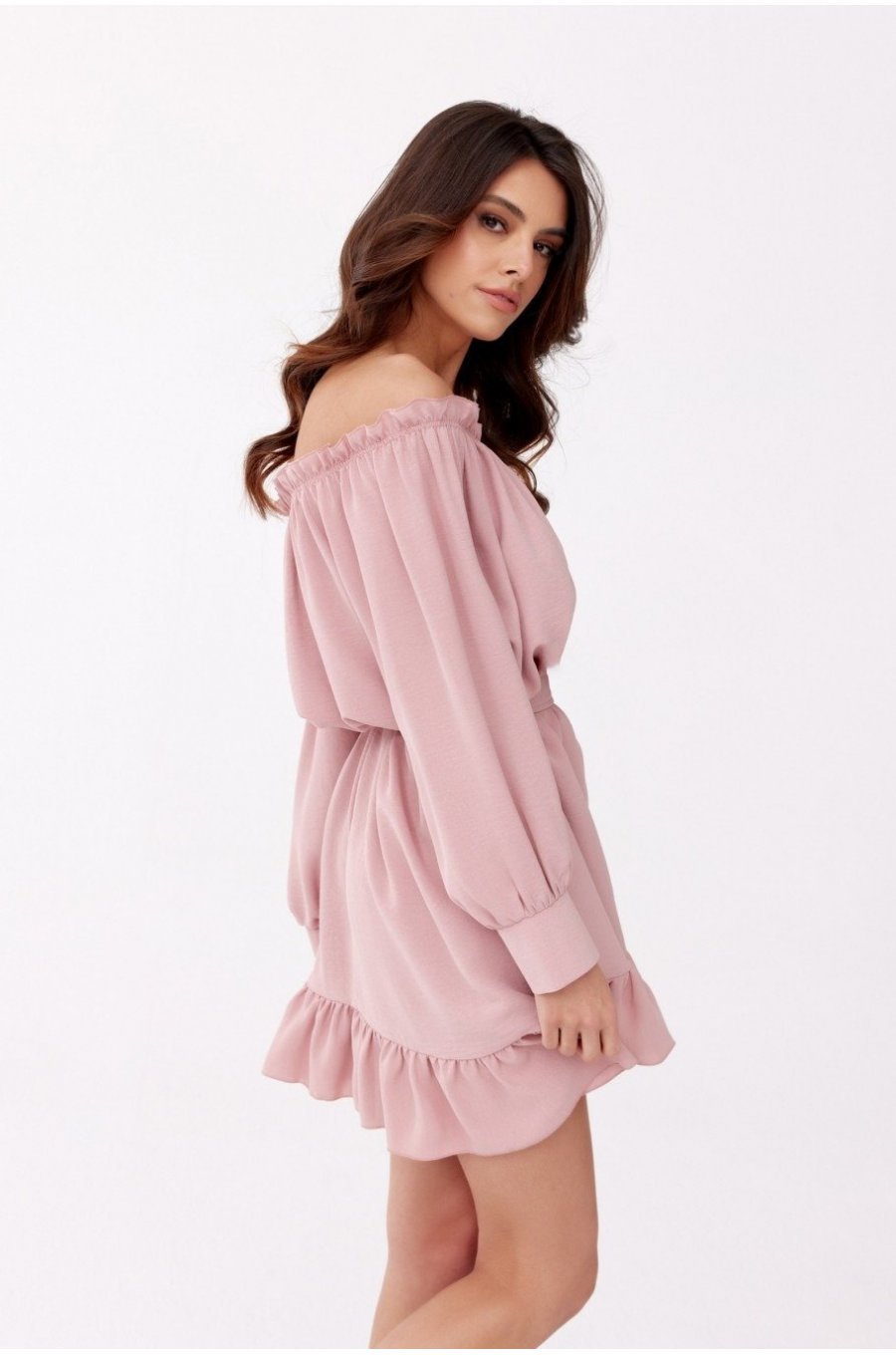 Rochie scurta, roz pudra, cu volane si umeri goi, Hilda 2 - jojofashion.ro