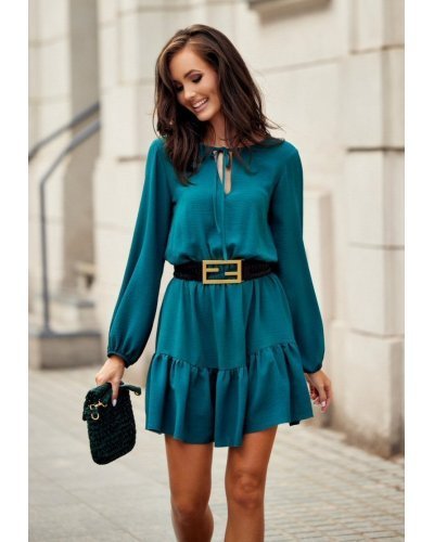 Rochie scurta, turcoaz, cu volan si maneca lunga, vaporoasa, Justina Rochii de zi, Rochie scurta, turcoaz, cu volan si maneca lunga, vaporoasa, Justina - jojofashion.ro