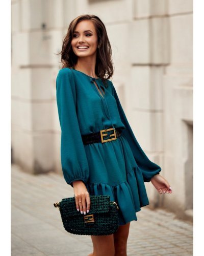 Rochie scurta, turcoaz, cu volan si maneca lunga, vaporoasa, Justina Rochii de zi, Rochie scurta, turcoaz, cu volan si maneca lunga, vaporoasa, Justina - jojofashion.ro