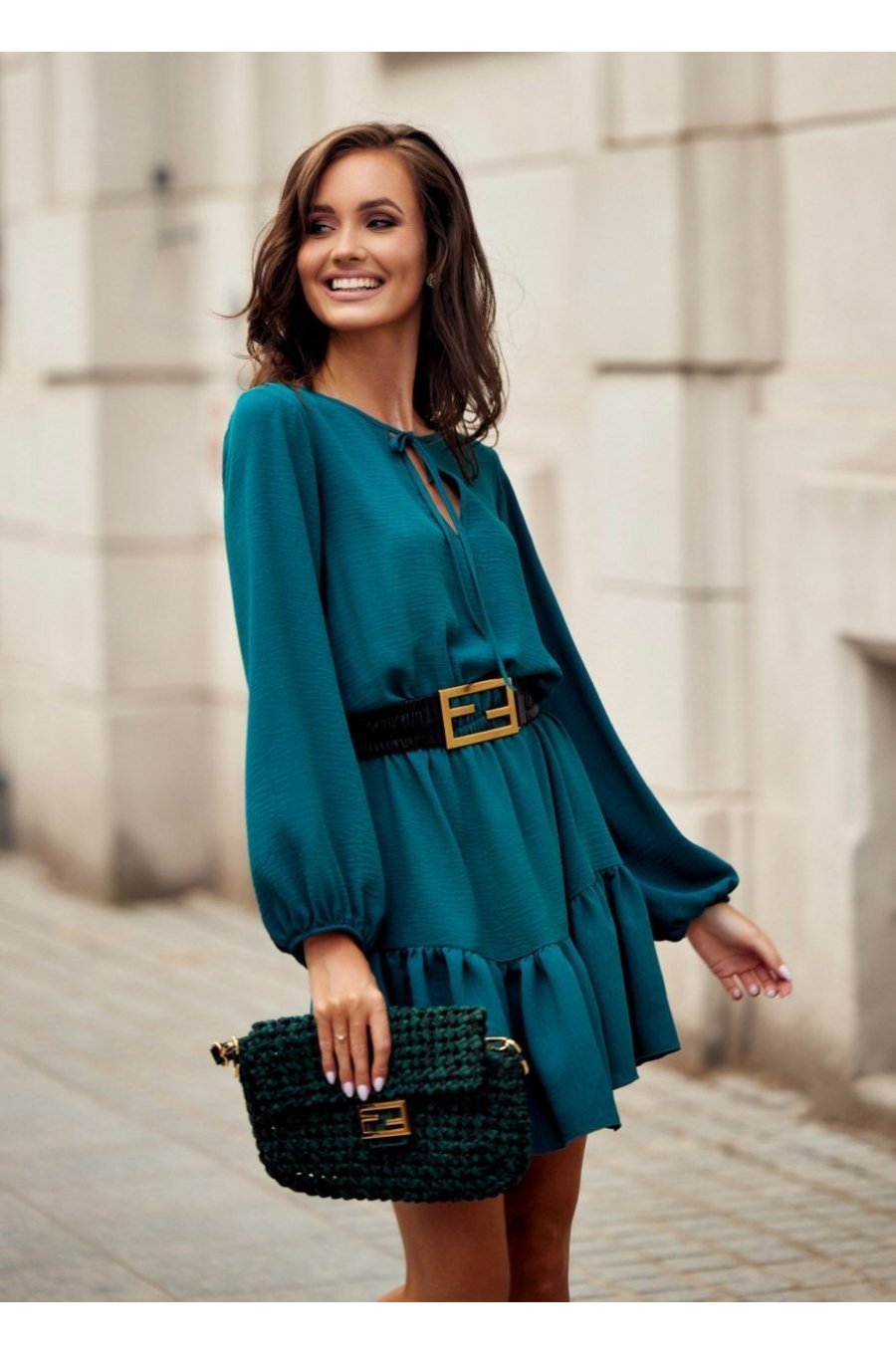 Rochie scurta, turcoaz, cu volan si maneca lunga, vaporoasa, Justina 2 - jojofashion.ro