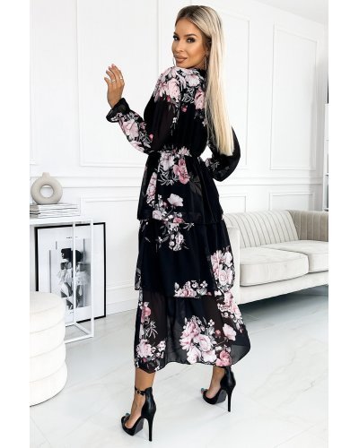 Rochie neagra lunga cu flori roz din chiffon cu maneca lunga si volane Lolly Rochii lungi, Rochie neagra lunga cu flori roz din chiffon cu maneca lunga si volane Lolly - jojofashion.ro