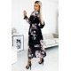 Rochie neagra lunga cu flori roz din chiffon cu maneca lunga si volane Lolly 3 - jojofashion.ro