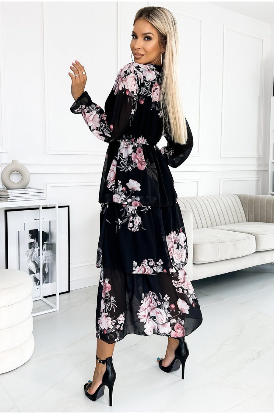 Rochie neagra lunga cu flori roz din chiffon cu maneca lunga si volane Lolly 2 - jojofashion.ro