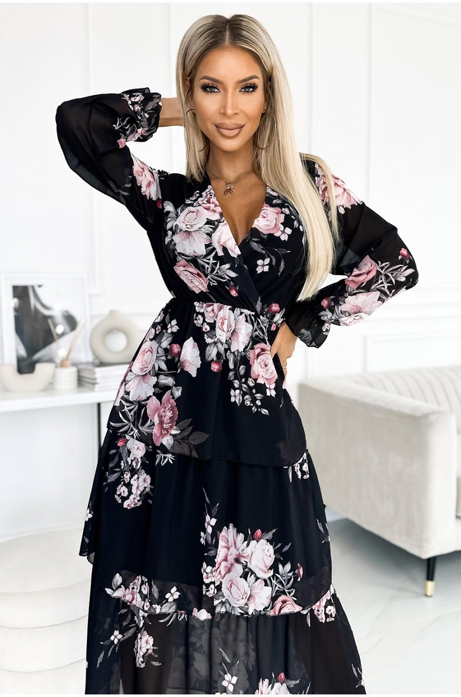 Rochie neagra lunga cu flori roz din chiffon cu maneca lunga si volane Lolly 3 - jojofashion.ro