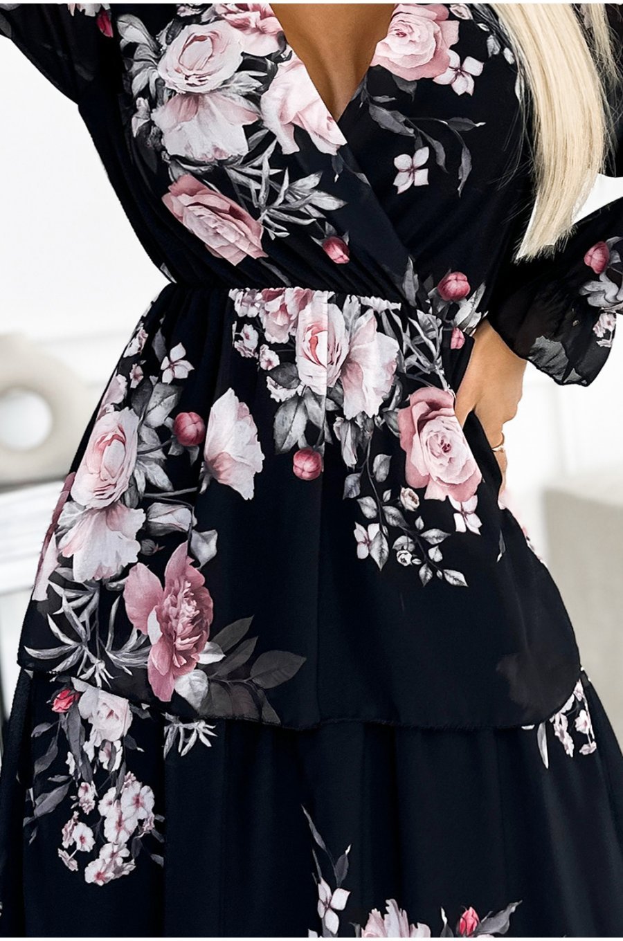 Rochie eleganta lunga, din chiffon, neagra cu flori roz, cu maneca lunga si volane, Lolly 4 - jojofashion.ro