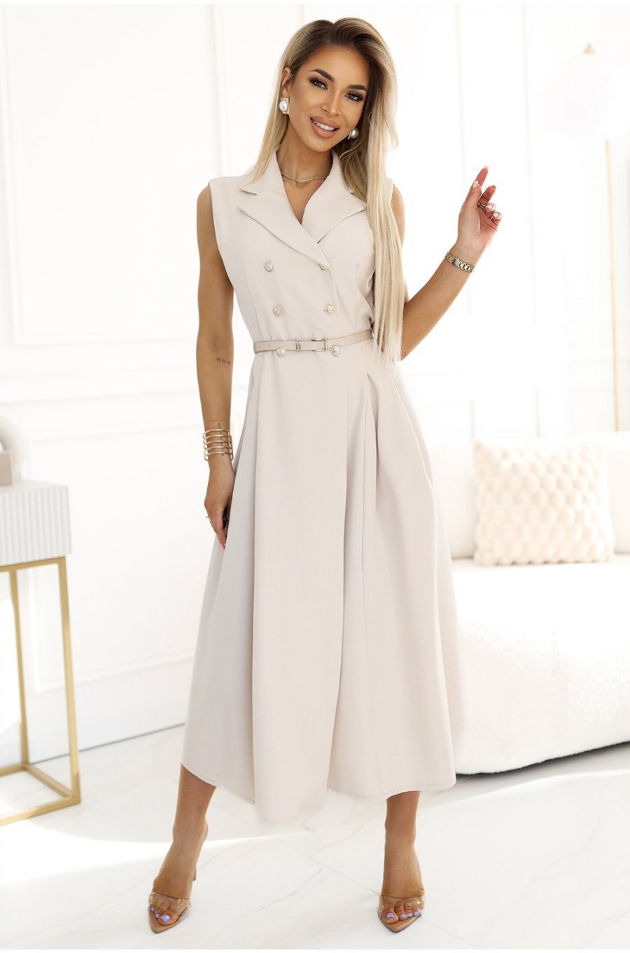 Rochie midi tip camasa bej evazata Anemona Rochie midi tip camasa bej evazata Anemona 3 - jojofashion.ro
