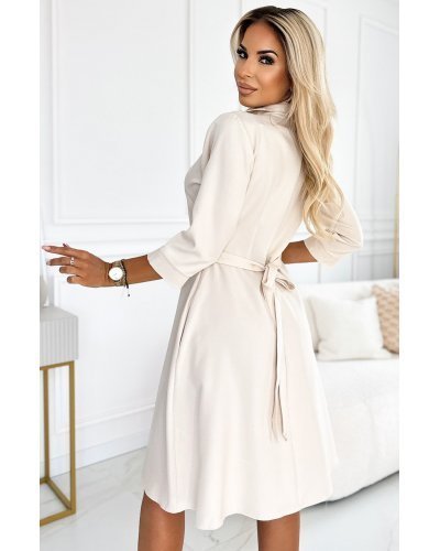 Rochie tip camasa midi bej cu maneca lunga Melina Rochii casual, Rochie tip camasa midi bej cu maneca lunga Melina - jojofashion.ro