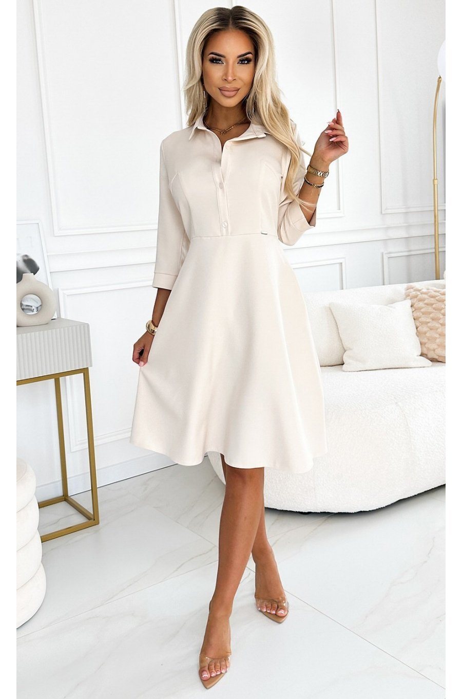 Rochie tip camasa midi bej cu maneca lunga Melina Rochie tip camasa midi bej cu maneca lunga Melina 3 - jojofashion.ro