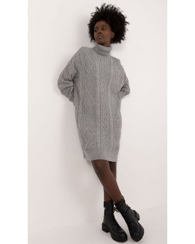 Rochie midi tricotata gri din acril cu guler inalt Dyone Rochii de zi, Rochie midi tricotata gri din acril cu guler inalt Dyone - jojofashion.ro