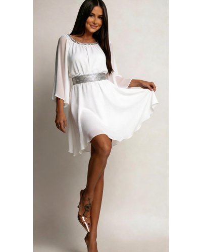 Rochie cununie civila scurta, din voal, alba, cu maneca lunga, vaporoasa, Alexia - jojofashion.ro