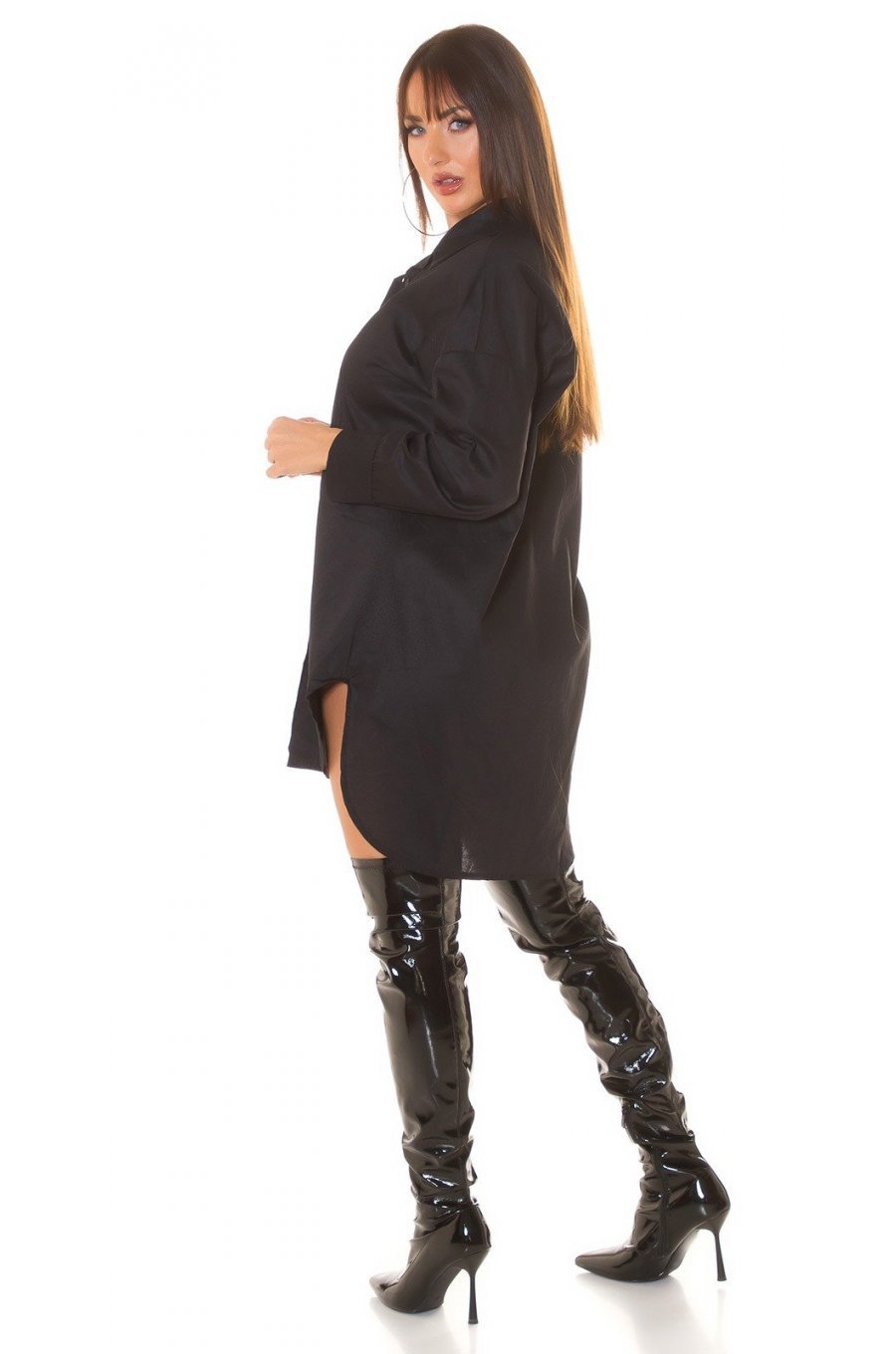Rochie scurta neagra boyfriend tip camasa din bumbac Karleen 4 - jojofashion.ro