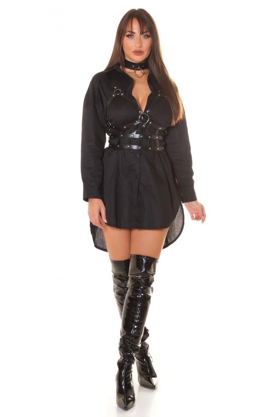 Rochie scurta neagra boyfriend tip camasa din bumbac Karleen 5 - jojofashion.ro