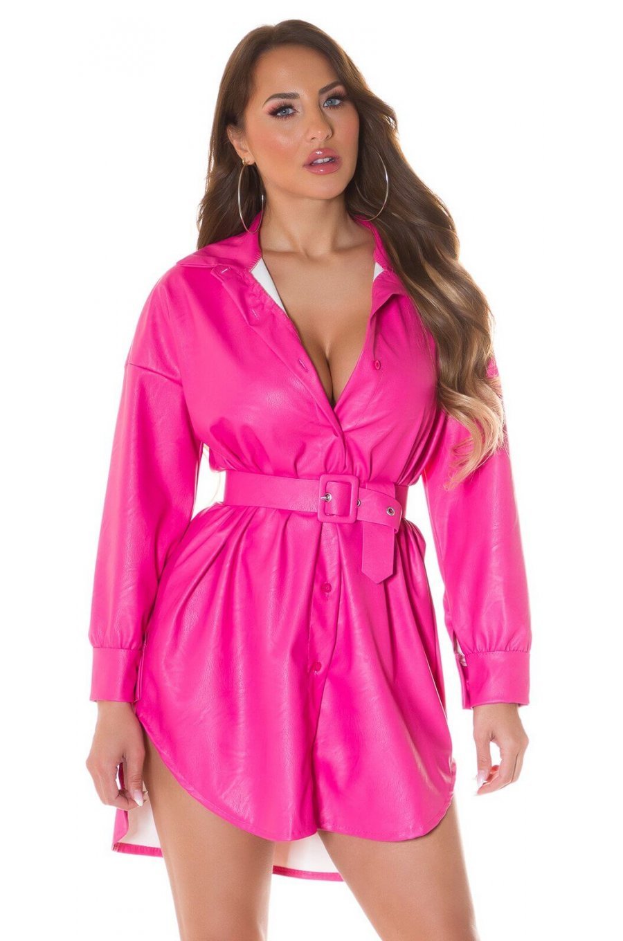Rochie tip camasa, scurta, piele eco, roz bombon, Fay 1 - jojofashion.ro