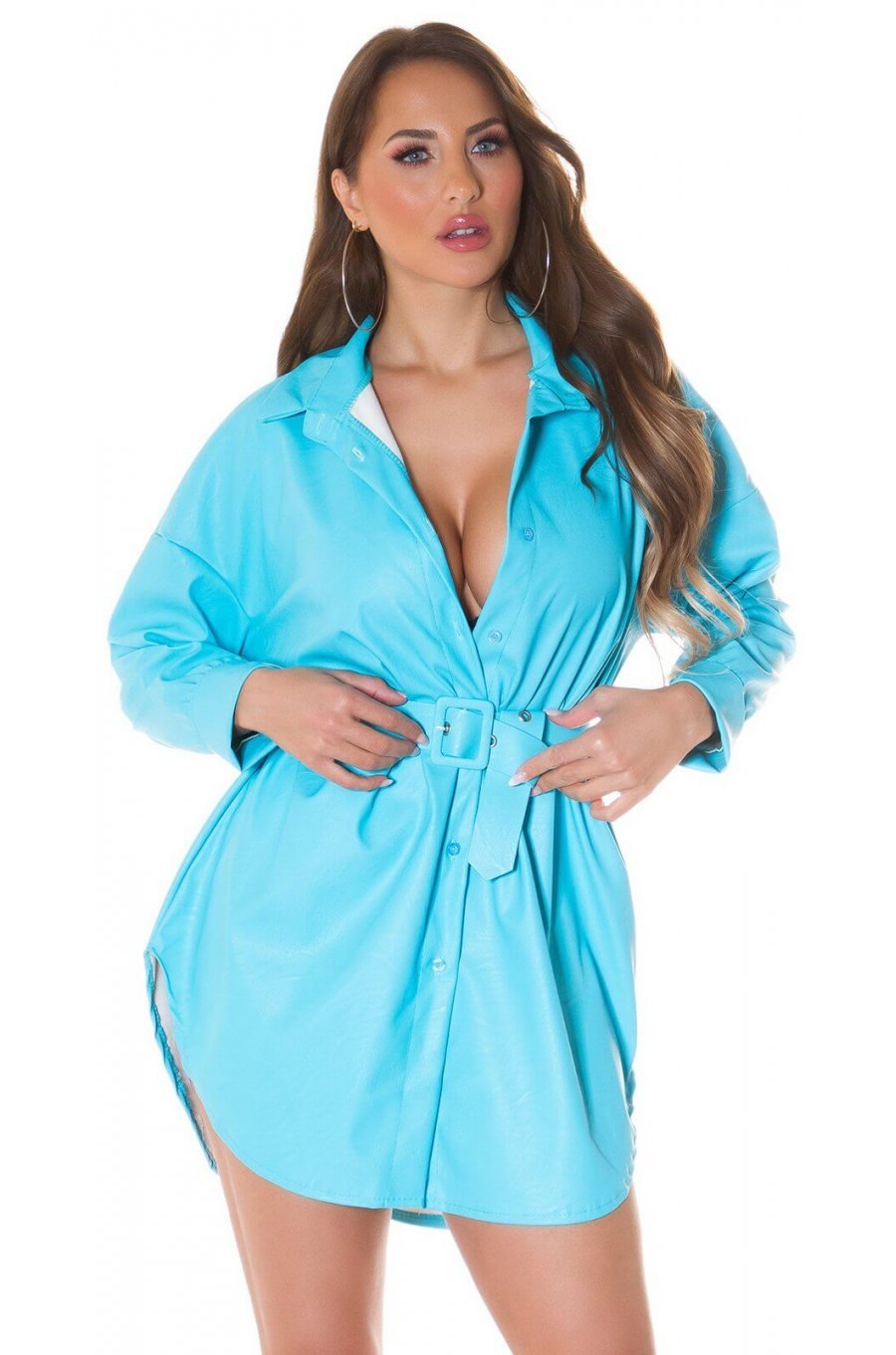 Rochie tip camasa, scurta, piele eco, turcoaz, Fay	 1 - jojofashion.ro