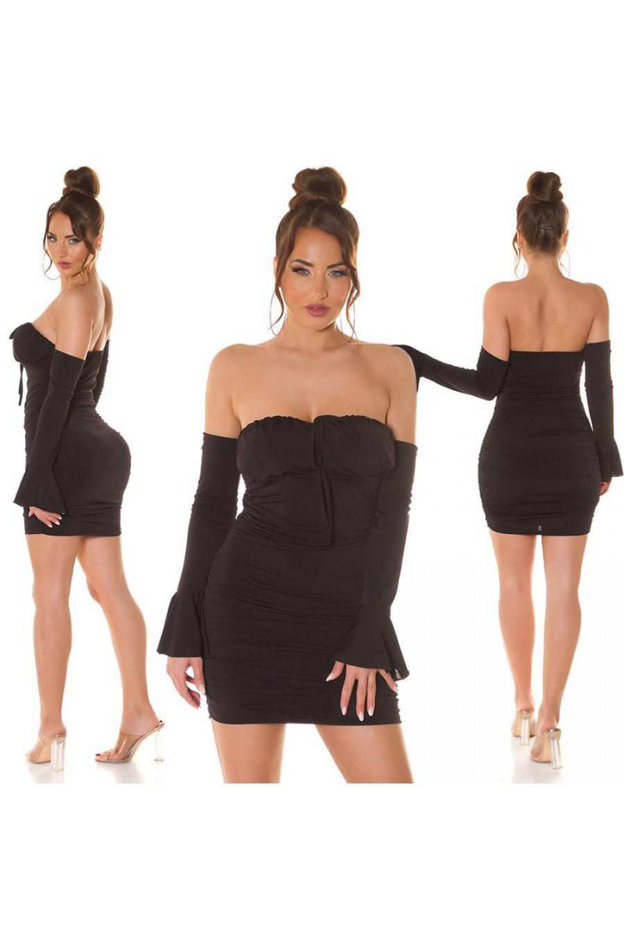 Rochie de club scurta, mulata, din nylon, neagra, cu umerii goi si maneca lunga, Darcy 6 - jojofashion.ro
