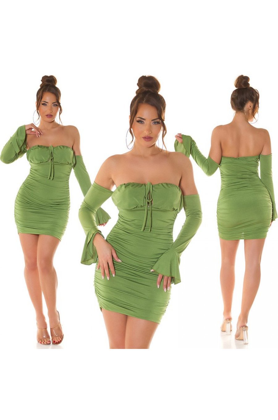 Rochie de club scurta, mulata, din nylon, verde, cu umerii goi si maneca lunga, Darcy 6 - jojofashion.ro