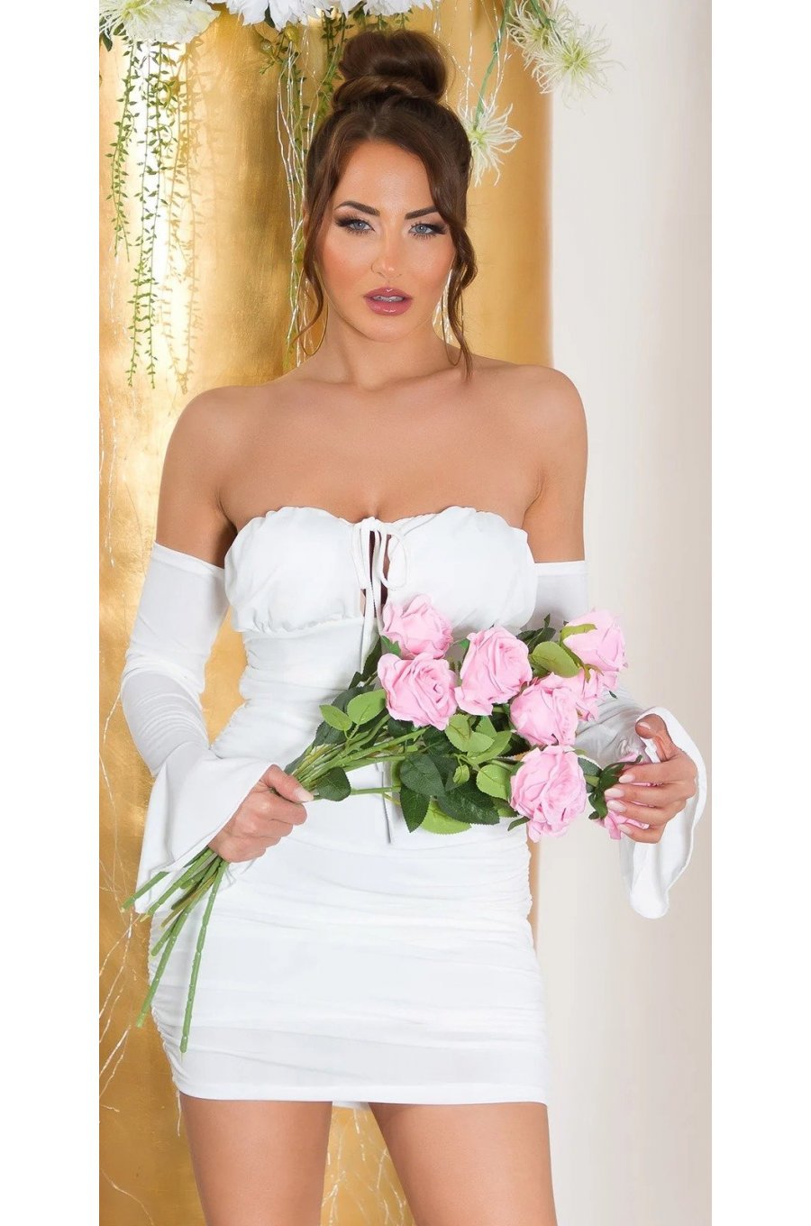 Rochie de cununie scurta, din nylon, alba, cu umerii goi si maneca lunga, Darcy 1 - jojofashion.ro