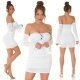 Rochie de cununie scurta, din nylon, alba, cu umerii goi si maneca lunga, Darcy 7 - jojofashion.ro