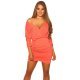 Rochie scurta mulata corai cu maneca lunga Divya 2 - jojofashion.ro