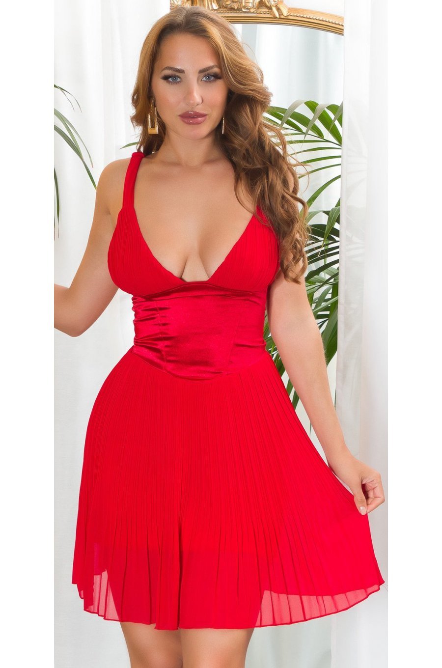 Rochie scurta rosie plisata cu bust tip corset Valerianny Rochie scurta rosie plisata cu bust tip corset Valerianny 1 - jojofashion.ro
