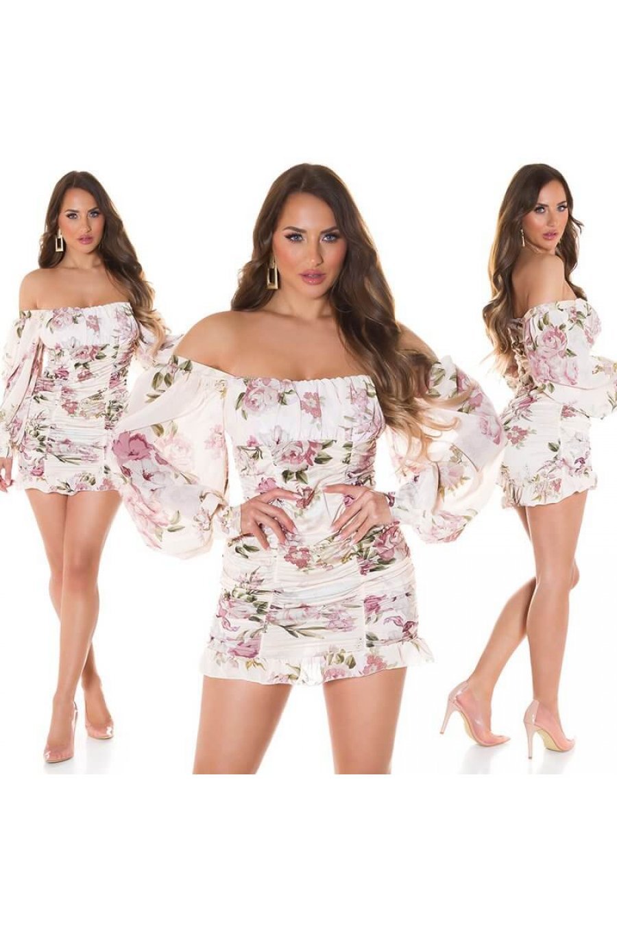Rochie scurta mulata bej cu flori boho Macarena Rochie scurta mulata bej cu flori boho Macarena 6 - jojofashion.ro