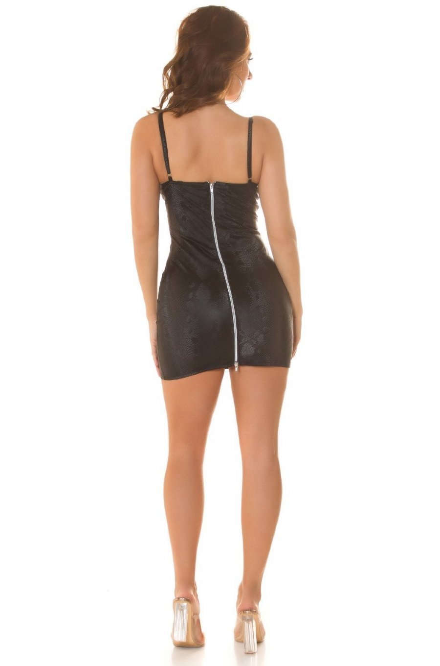 Rochie scurta neagra mulata animal print din latex tip corset Elektra 5 - jojofashion.ro