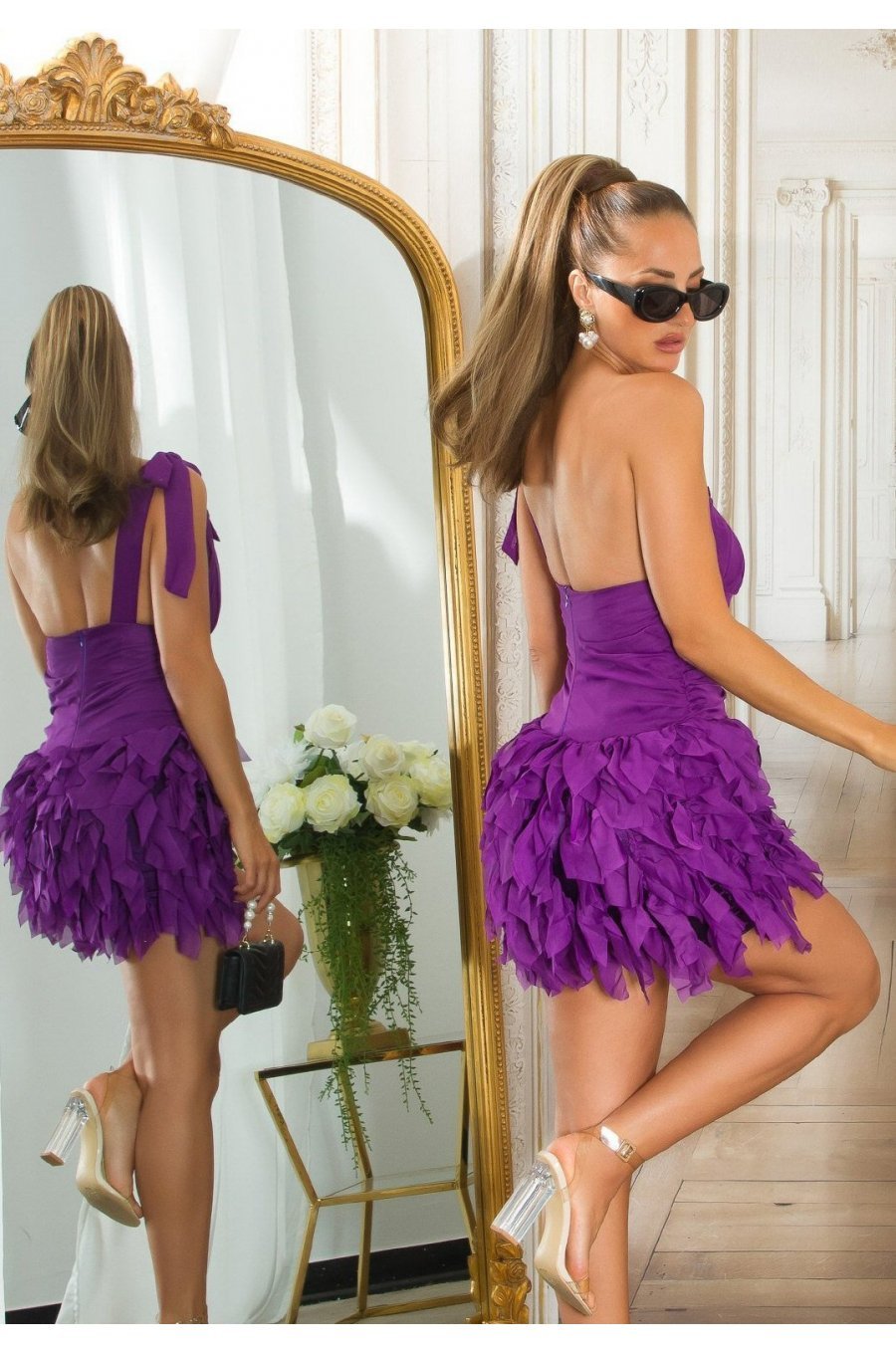 Rochie scurta mov cu pene din tulle cu umeri goi Bambolina Rochie scurta mov cu pene din tulle cu umeri goi Bambolina 4 - jojofashion.ro