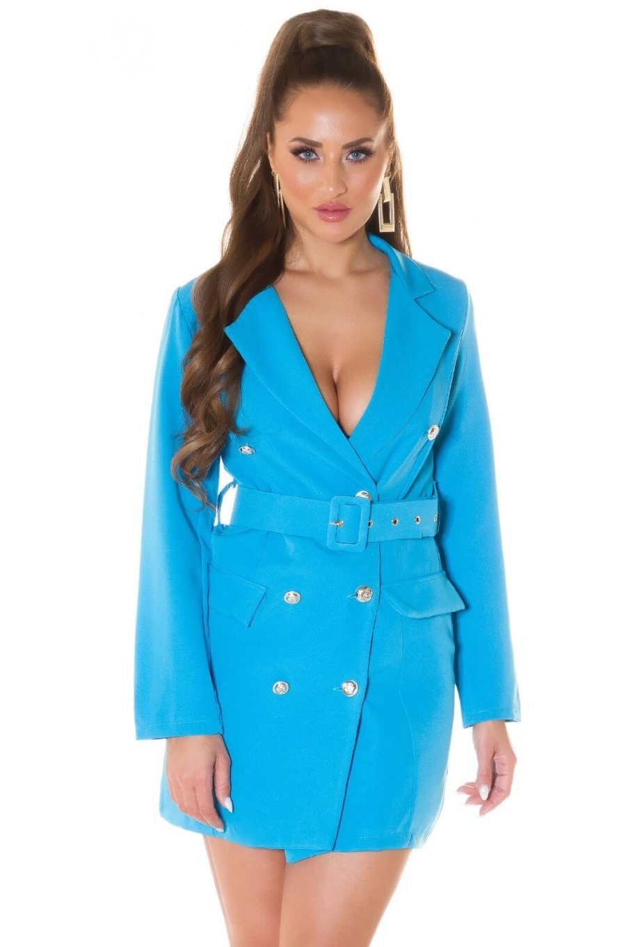 Rochie office tip sacou scurta turcoaz Eliza 1 - jojofashion.ro