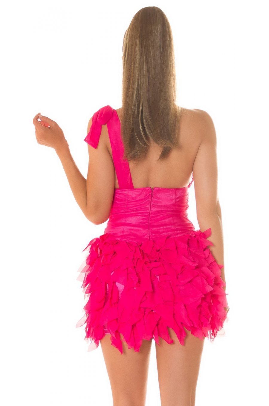 Rochie scurta roz fucsia cu pene din tulle cu umeri goi Bambolina Rochie scurta roz fucsia cu pene din tulle cu umeri goi Bambolina 4 - jojofashion.ro
