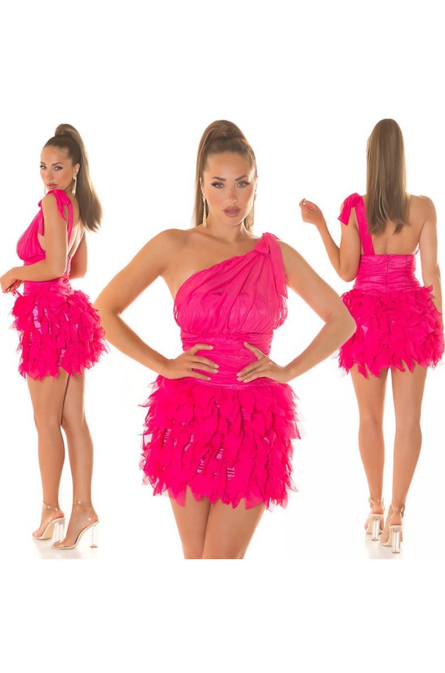 Rochie scurta roz fucsia cu pene din tulle cu umeri goi Bambolina Rochie scurta roz fucsia cu pene din tulle cu umeri goi Bambolina 6 - jojofashion.ro