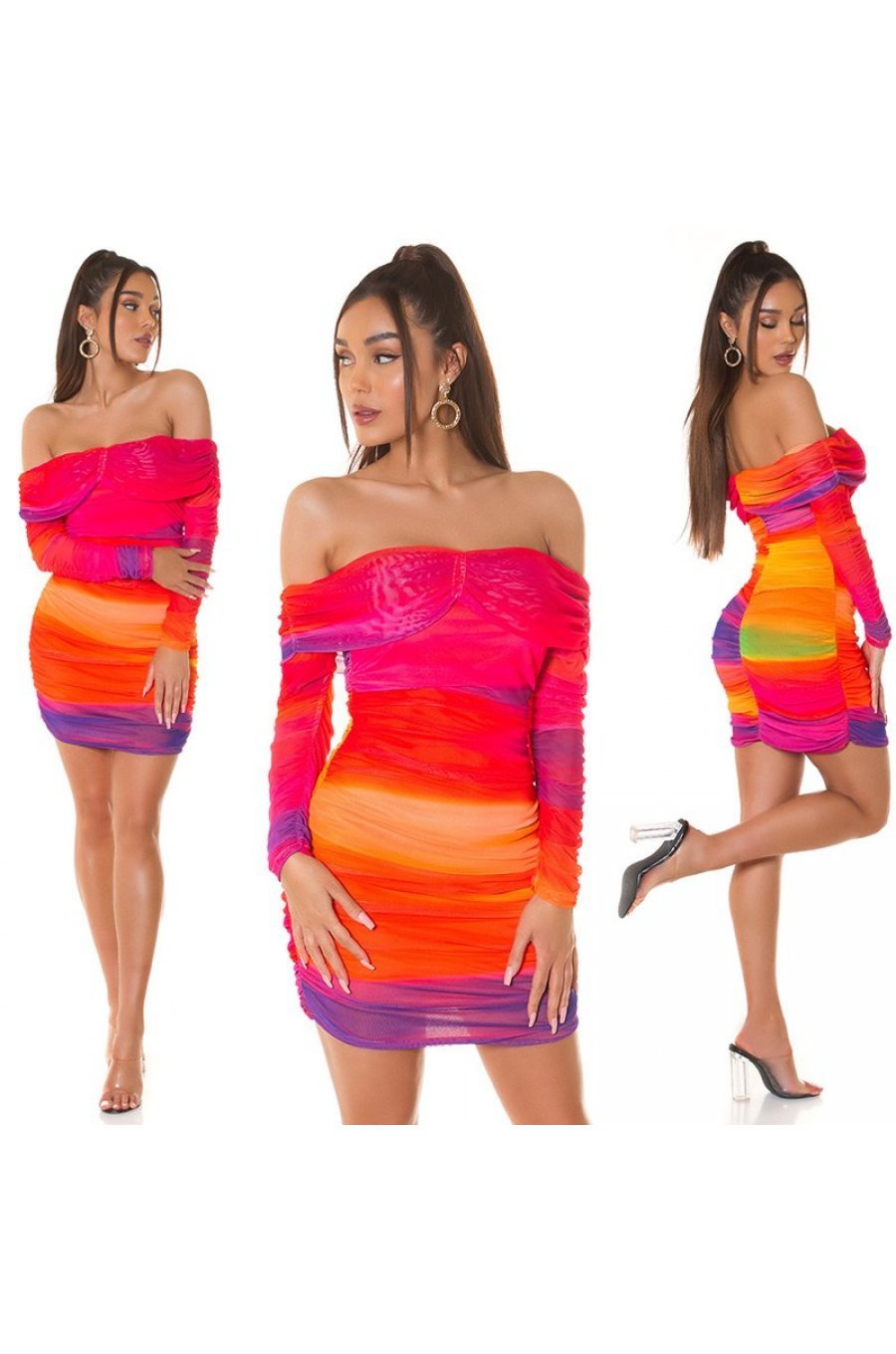 Rochie scurta mulata orange multicolora cu maneca lunga si umerii goi Katenka 7 - jojofashion.ro