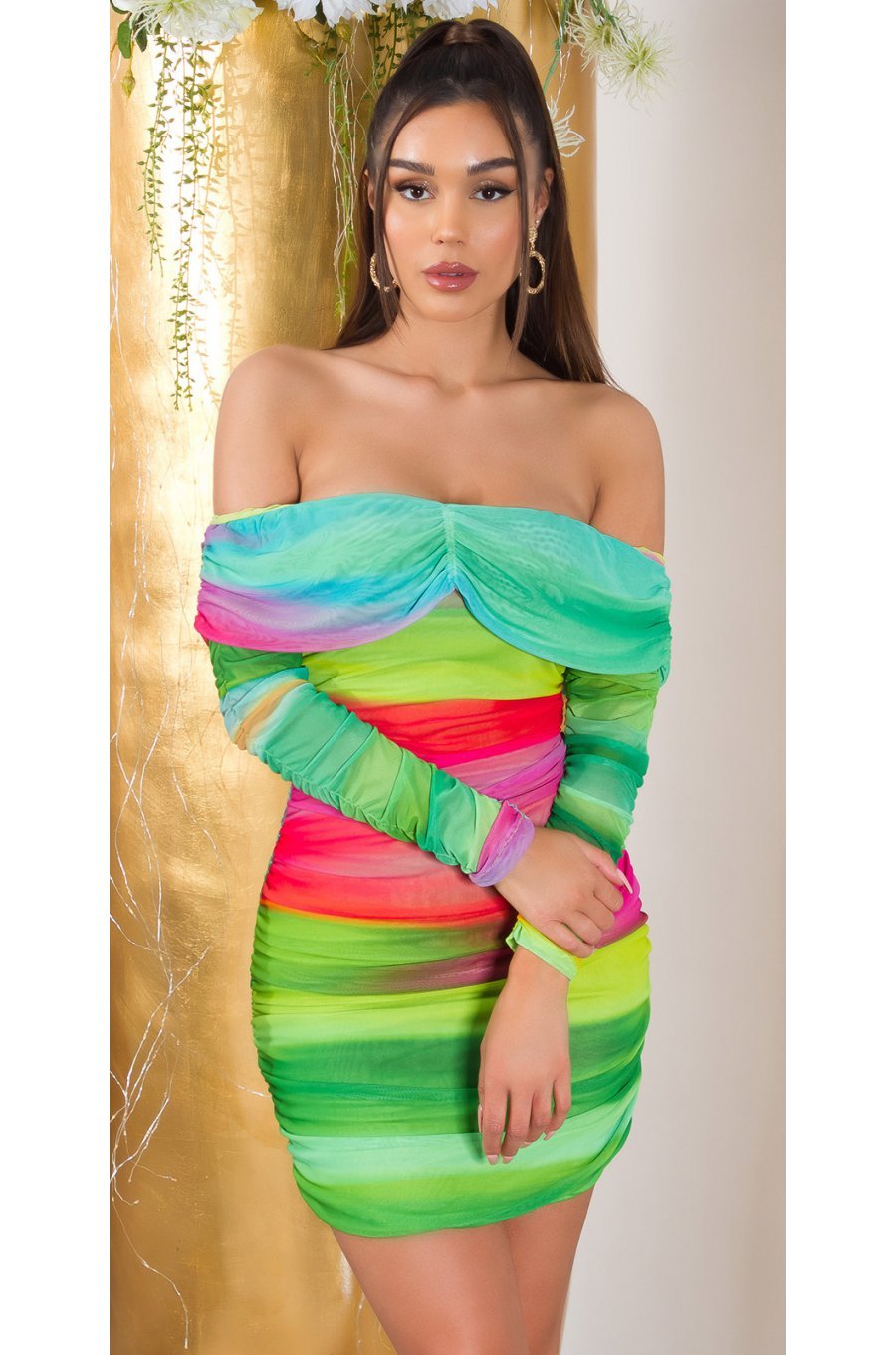 Rochie scurta, mulata, verde multicolora, cu maneca lunga si umerii goi, Katenka 1 - jojofashion.ro