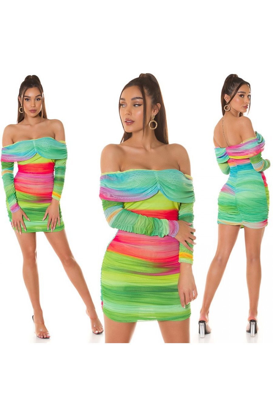 Rochie scurta, mulata, verde multicolora, cu maneca lunga si umerii goi, Katenka 7 - jojofashion.ro