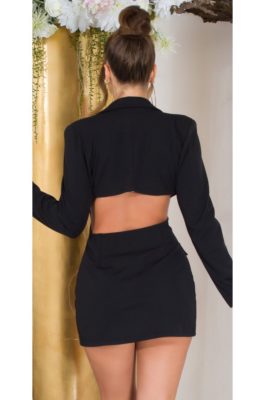 Rochie scurta tip sacou, neagra, cu maneca lunga si spate decupat, Delvania 2 - jojofashion.ro