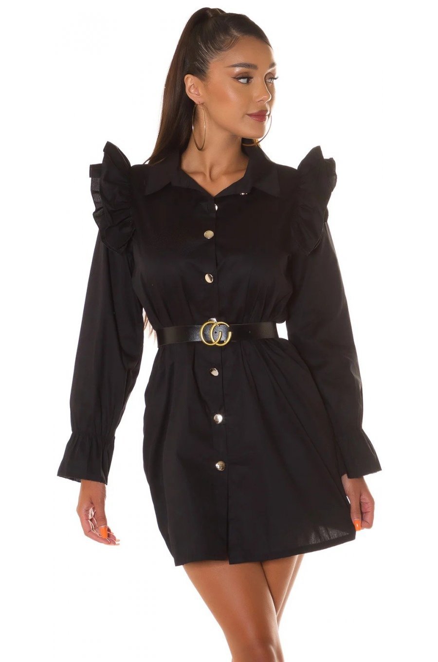 Rochie scurta bumbac neagra tip camasa Fiore 1 - jojofashion.ro