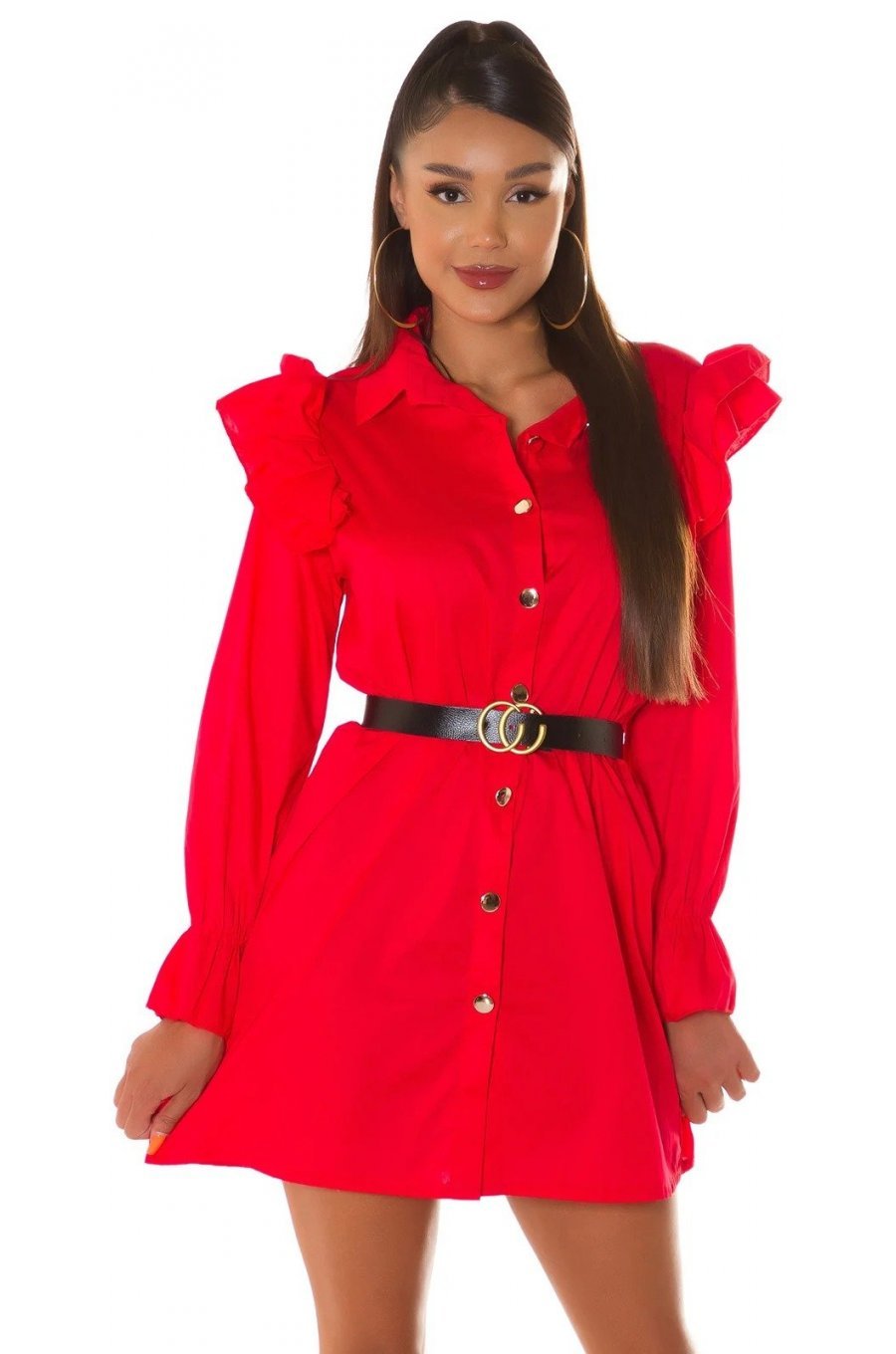 Rochie scurta bumbac rosie tip camasa Fiore Rochie scurta bumbac rosie tip camasa Fiore 1 - jojofashion.ro