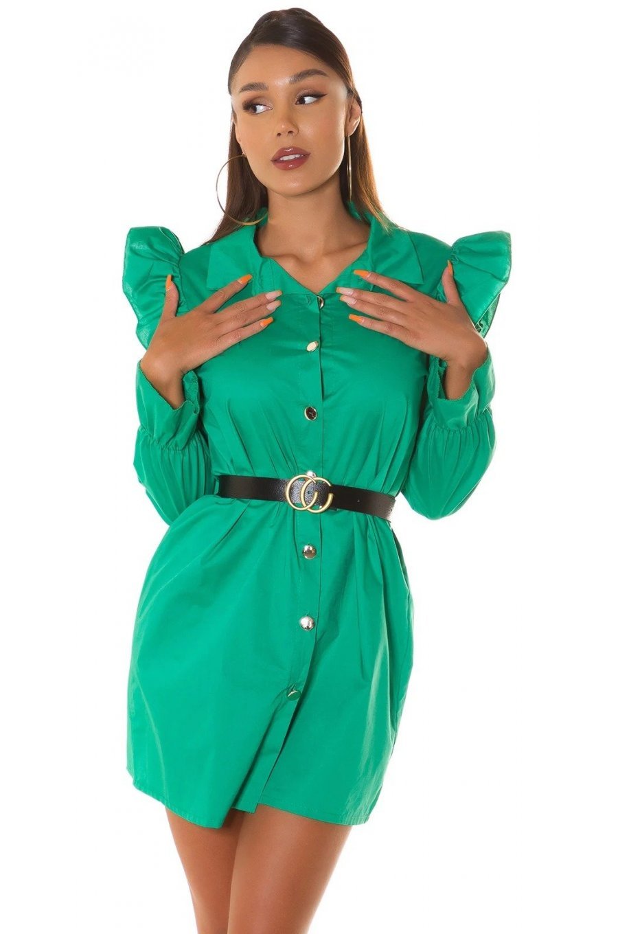 Rochie scurta bumbac verde tip camasa Fiore 1 - jojofashion.ro