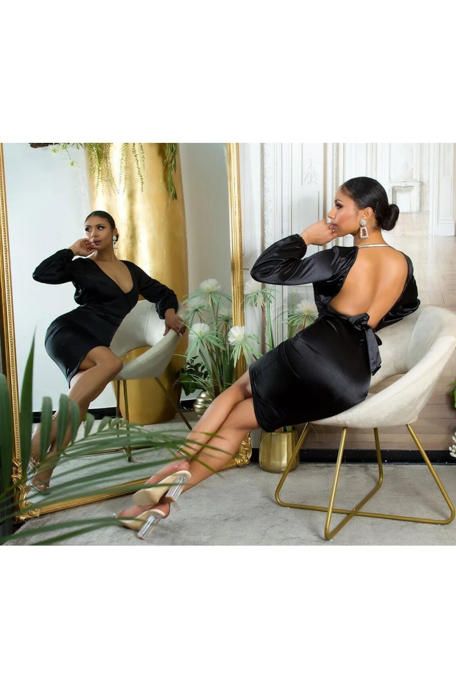 Rochie midi neagra mulata din satin cu maneca lunga Luissa 6 - jojofashion.ro