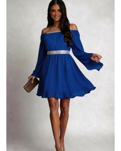 Rochii de Ocazie Elegante, Rochie midi albastra din voal vaporoasa Alexia - jojofashion.ro