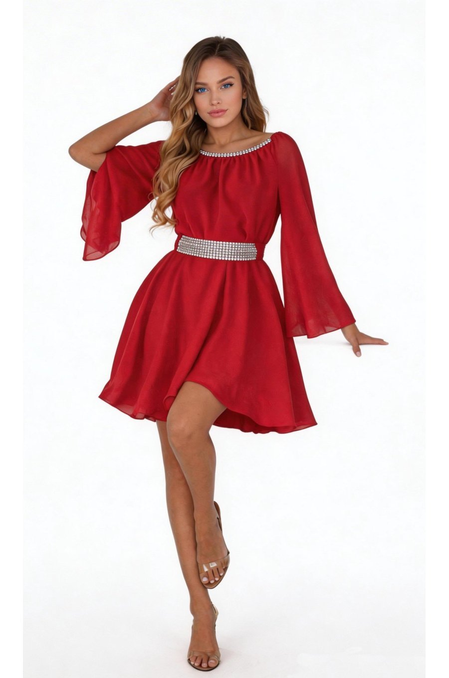 Rochie midi rosie din voal vaporoasa Alexia 1 - jojofashion.ro