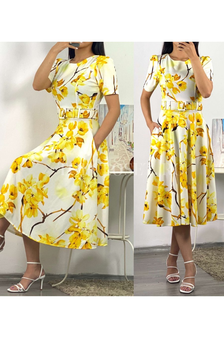 Rochie de vara alba cu flori galbene in clos Adelaide 1 - jojofashion.ro