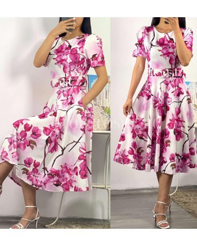 Rochie de vara alba cu flori roz in clos Adelaide Rochii albe, Rochie de vara alba cu flori roz in clos Adelaide - jojofashion.ro