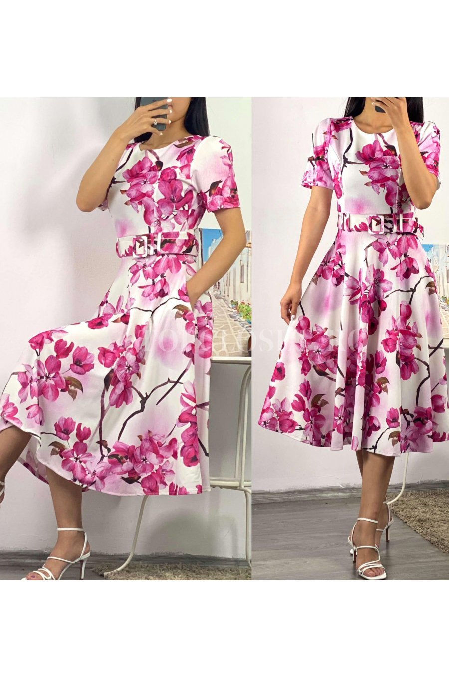 Rochie de vara alba cu flori roz in clos Adelaide 1 - jojofashion.ro