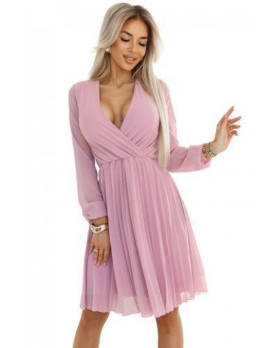 Rochie midi eleganta lila plisata cu maneca lunga fluida Lisa Rochii cununie civila, Rochie midi eleganta lila plisata cu maneca lunga fluida Lisa - jojofashion.ro