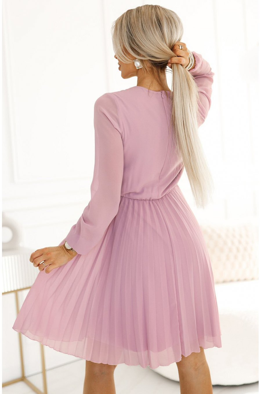 Rochie midi eleganta lila plisata cu maneca lunga fluida Lisa 3 - jojofashion.ro