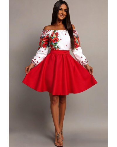 Rochie traditionala midi din tafta rosie cu maci Azra - jojofashion.ro